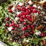 Wild rice salad with arugula, pomegranate seeds, pecans, and crumbled cheese in a large serving bowl.
