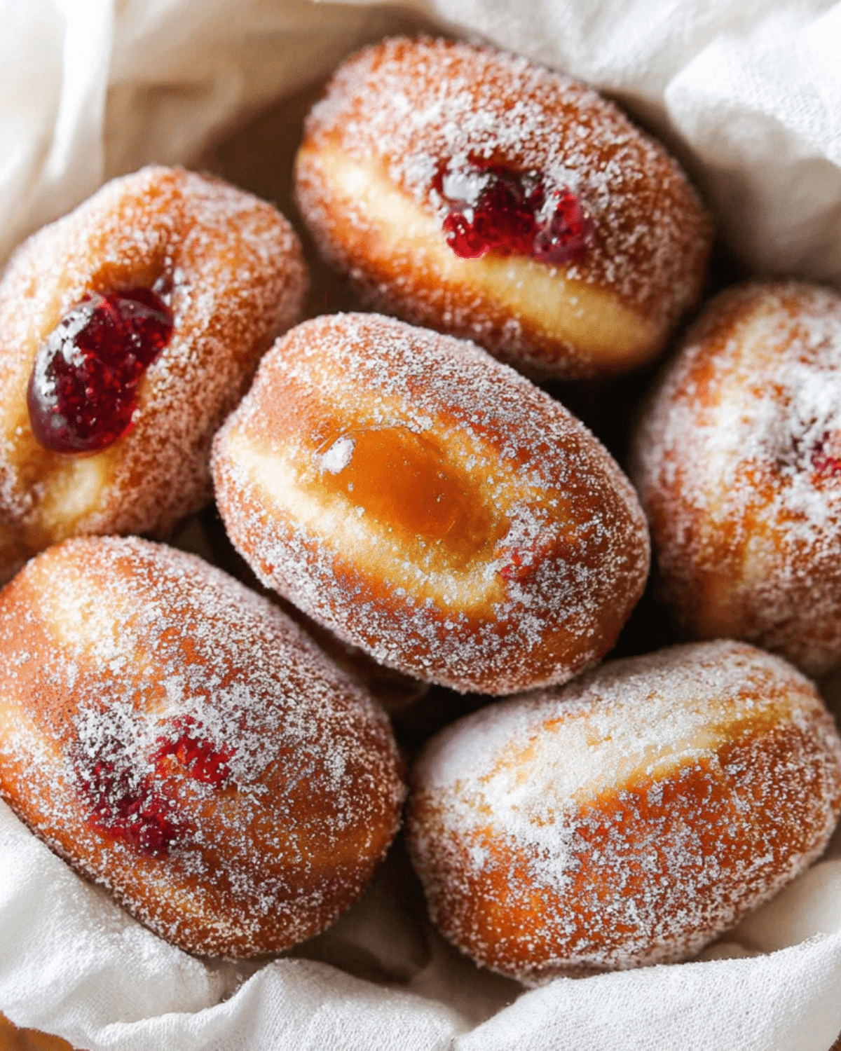 A basket of sugar-coated homemade jelly donuts filled with raspberry and apricot jam, resting on a white cloth.