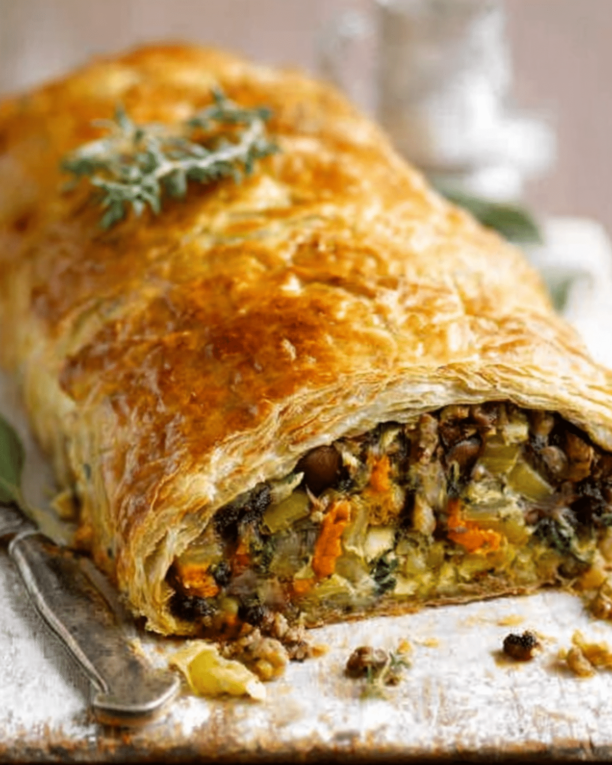 Golden brown chestnut, spinach & blue cheese en croûte sliced open to reveal a hearty filling of vegetables, nuts, and cheese.