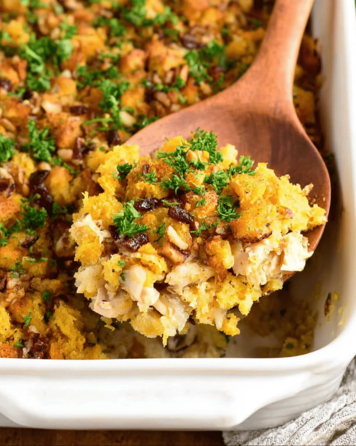 Spoonful of chicken and stuffing casserole with golden cornbread topping, cranberries, and parsley in a white baking dish.