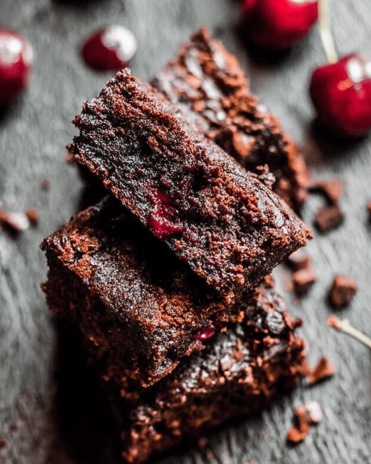 A close-up of stacked Chocolate Cherry Brownies with visible cherry pieces on a dark surface.
