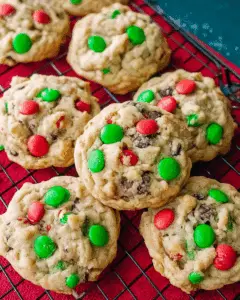 Christmas Monster Cookies with red and green candy-coated chocolates on a cooling rack.