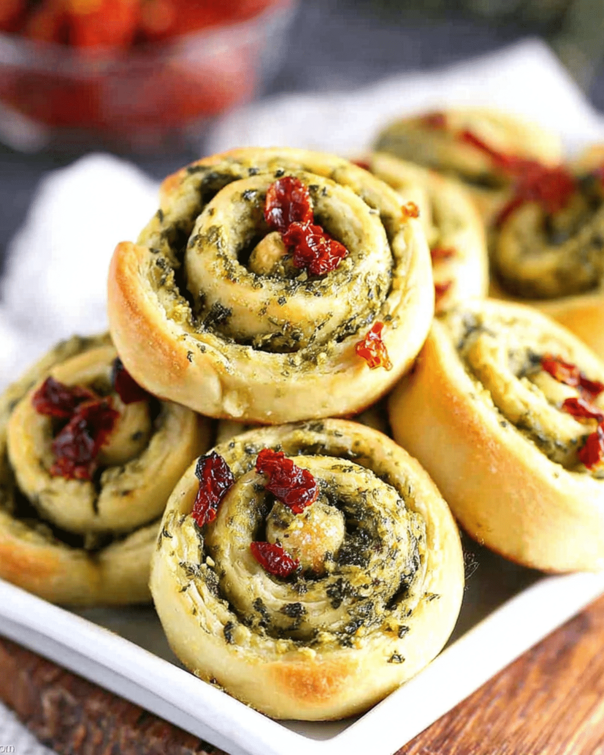 Savory Christmas Pinwheels filled with pesto and topped with sun-dried tomatoes, stacked on a white serving dish.