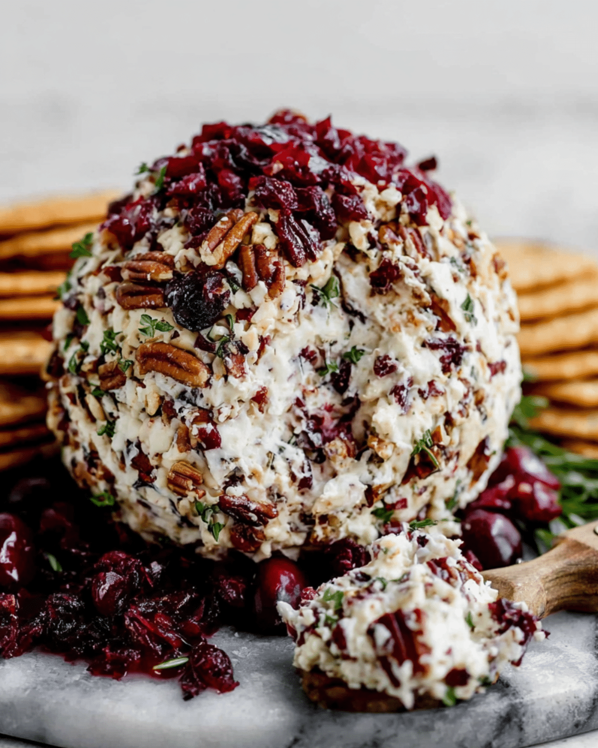 Cranberry Pecan Cheese Ball covered in chopped pecans, cranberries, and herbs, served with crackers.