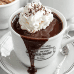 Cup of Creamy French Hot Chocolate overflowing with thick chocolate, topped with whipped cream and chocolate shavings.