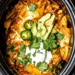 A crockpot filled with chicken enchilada casserole, topped with melted cheese, sour cream, avocado slices, jalapeños, and fresh cilantro.