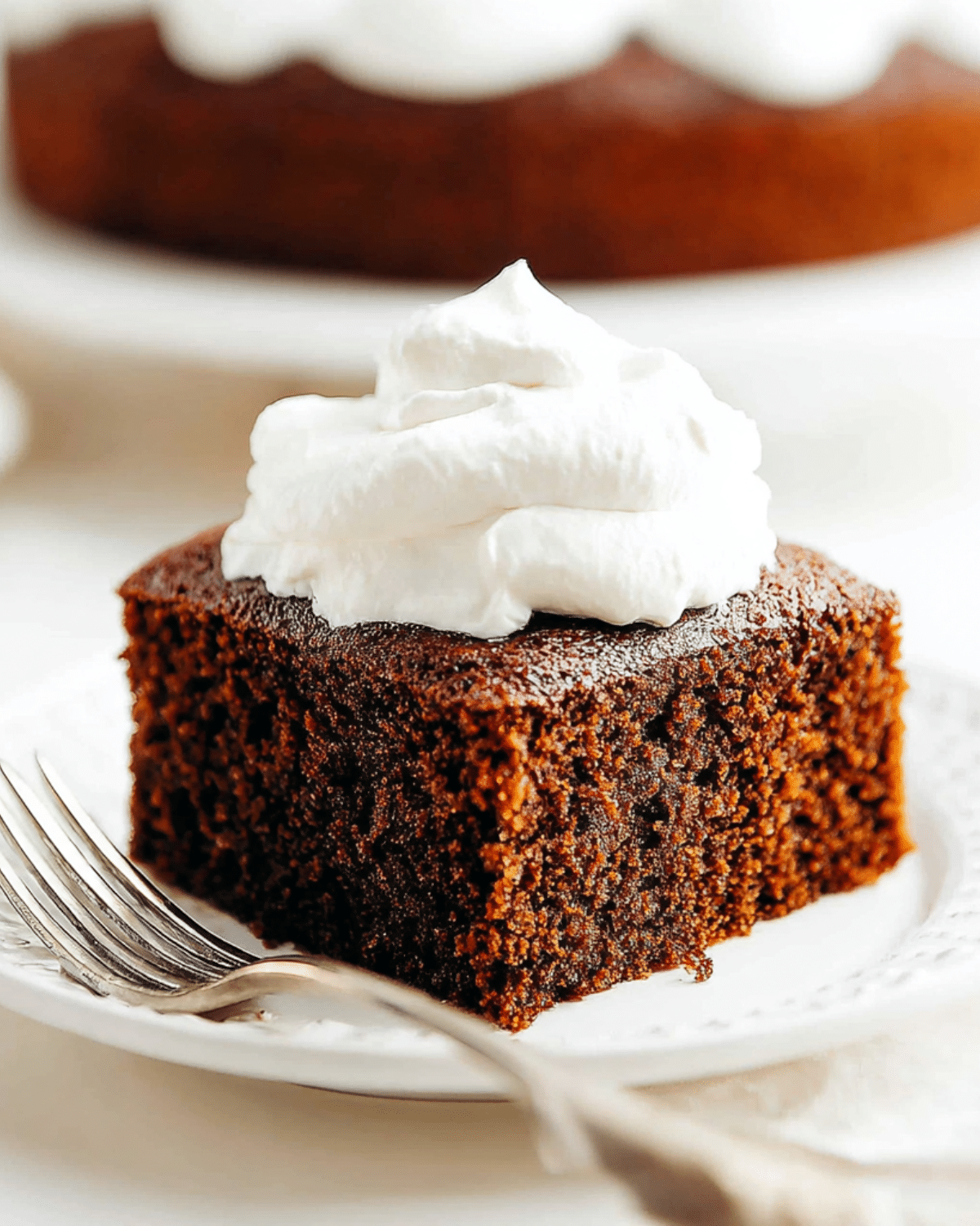 Slice of moist Gingerbread Cake topped with a swirl of whipped cream on a white plate.