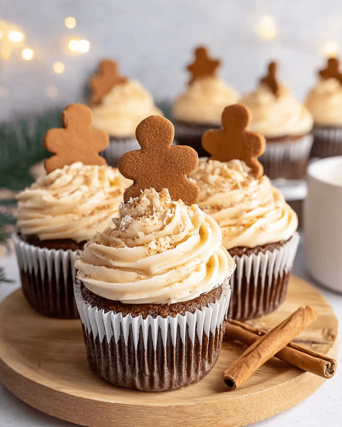 Gingerbread Latte Cupcakes topped with swirled frosting and mini gingerbread cookies on a wooden plate.