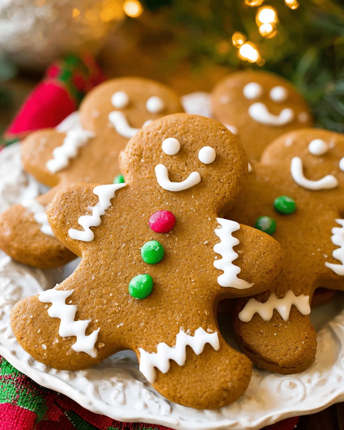 A festive plate of gingerbread men cookies decorated with white icing and colorful candy buttons, set against a holiday background.