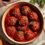 Pan of holiday meatballs simmered in rich tomato sauce, garnished with fresh dill.