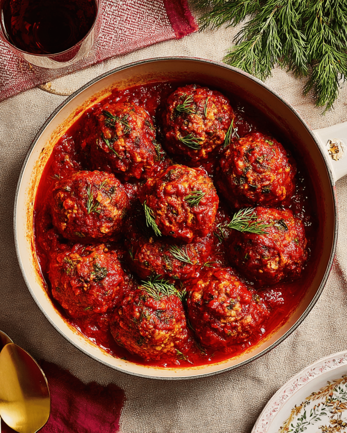 Pan of holiday meatballs simmered in rich tomato sauce, garnished with fresh dill.