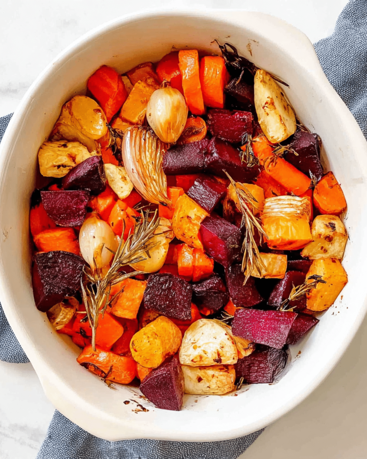 Baking dish filled with honey roasted winter vegetables, including carrots, beets, parsnips, onions, and rosemary.
