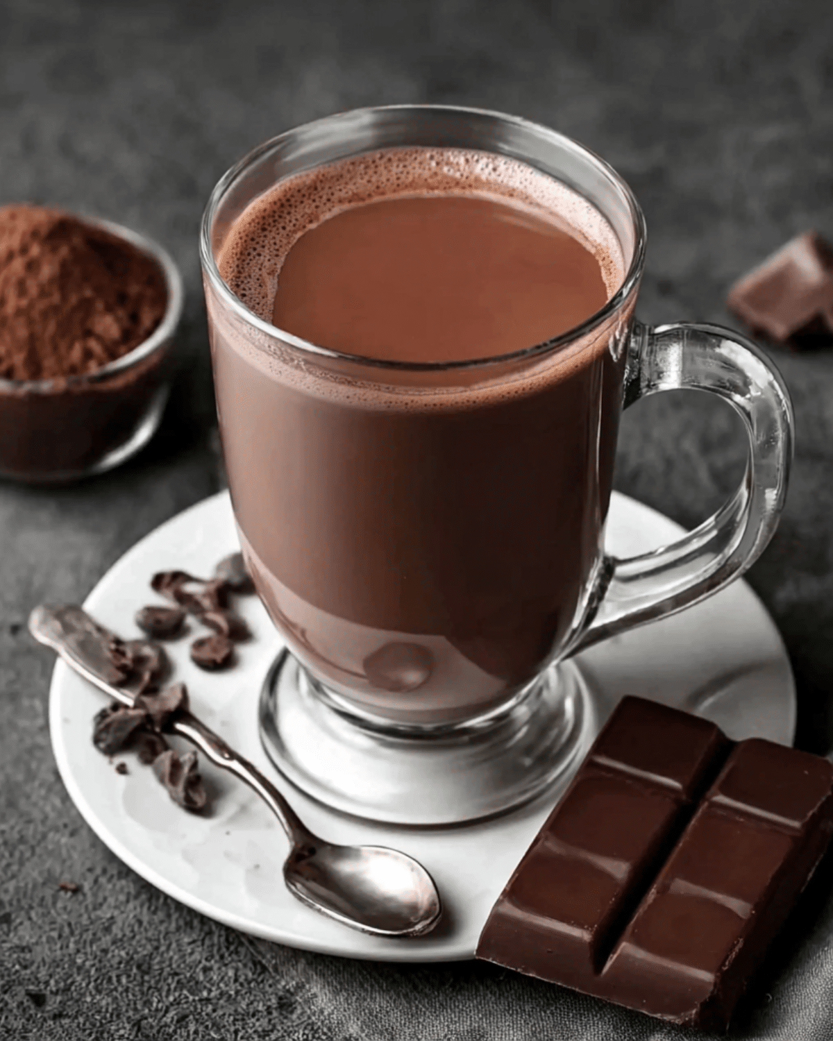 Clear glass mug filled with Instant Chocolate Coffee on a white saucer with dark chocolate and cocoa nibs.