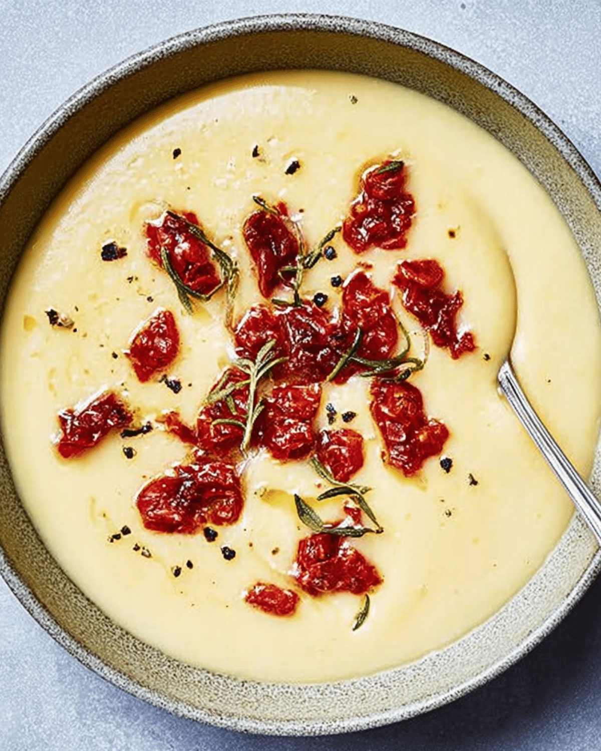 Bowl of creamy leek, butter bean, and crispy chorizo soup garnished with chorizo pieces, herbs, and cracked black pepper.