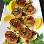 Seared Lemon Garlic Scallops garnished with chopped herbs and served with lemon wedges on a white rectangular plate.