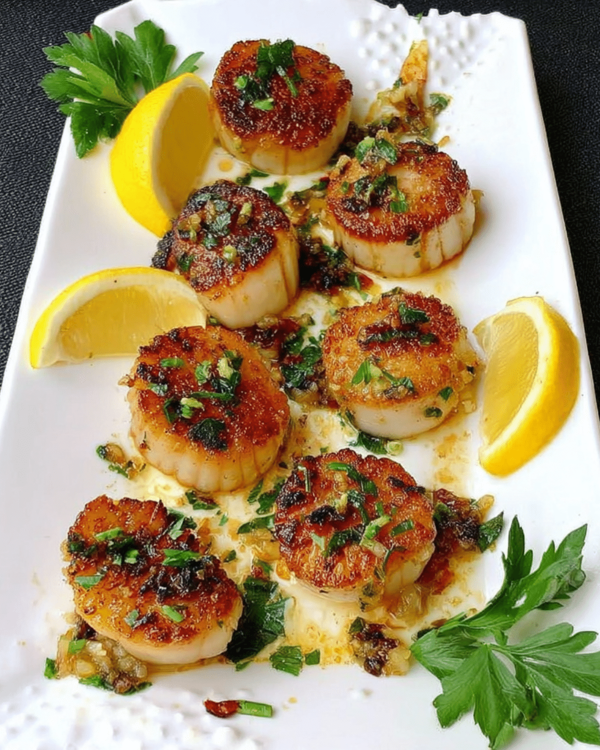 Seared Lemon Garlic Scallops garnished with chopped herbs and served with lemon wedges on a white rectangular plate.