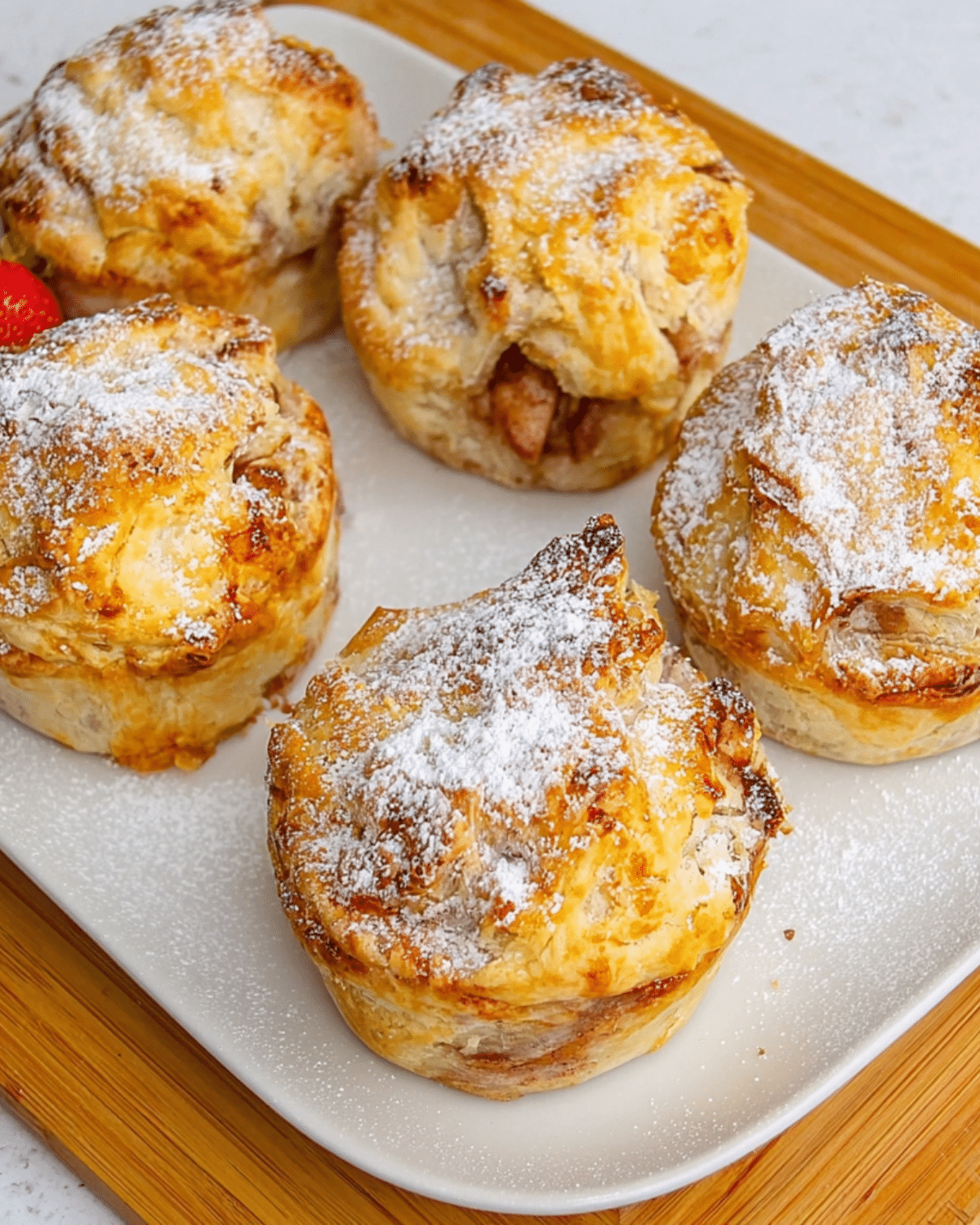 Golden mini apple pies with puff pastry, dusted with powdered sugar and served on a white platter.