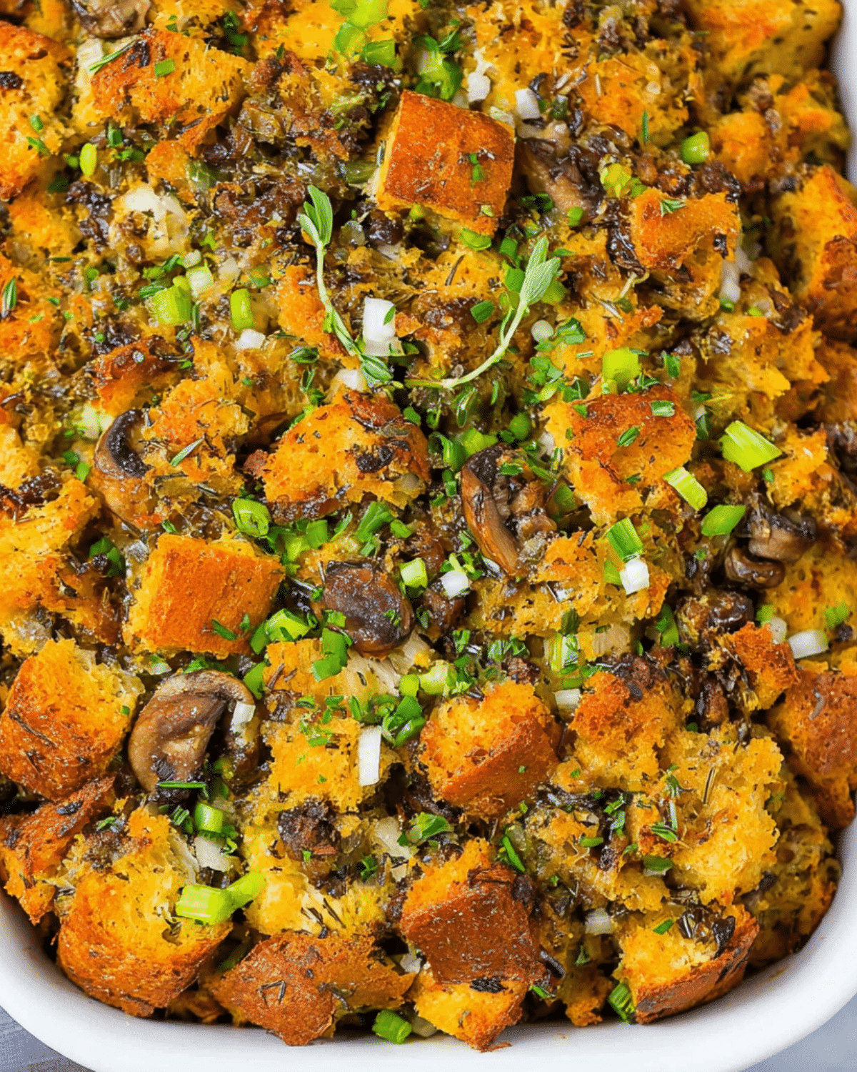 Golden mushroom and herb stuffing with crispy bread cubes, sautéed mushrooms, green onions, and fresh herbs in a white baking dish.