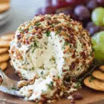 Party cheese ball coated with chopped herbs, bacon, and nuts, served with crackers and grapes on a wooden board.