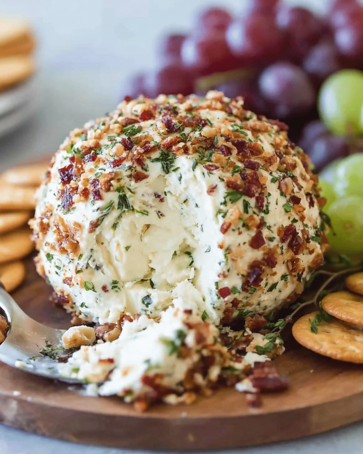 Party cheese ball coated with chopped herbs, bacon, and nuts, served with crackers and grapes on a wooden board.