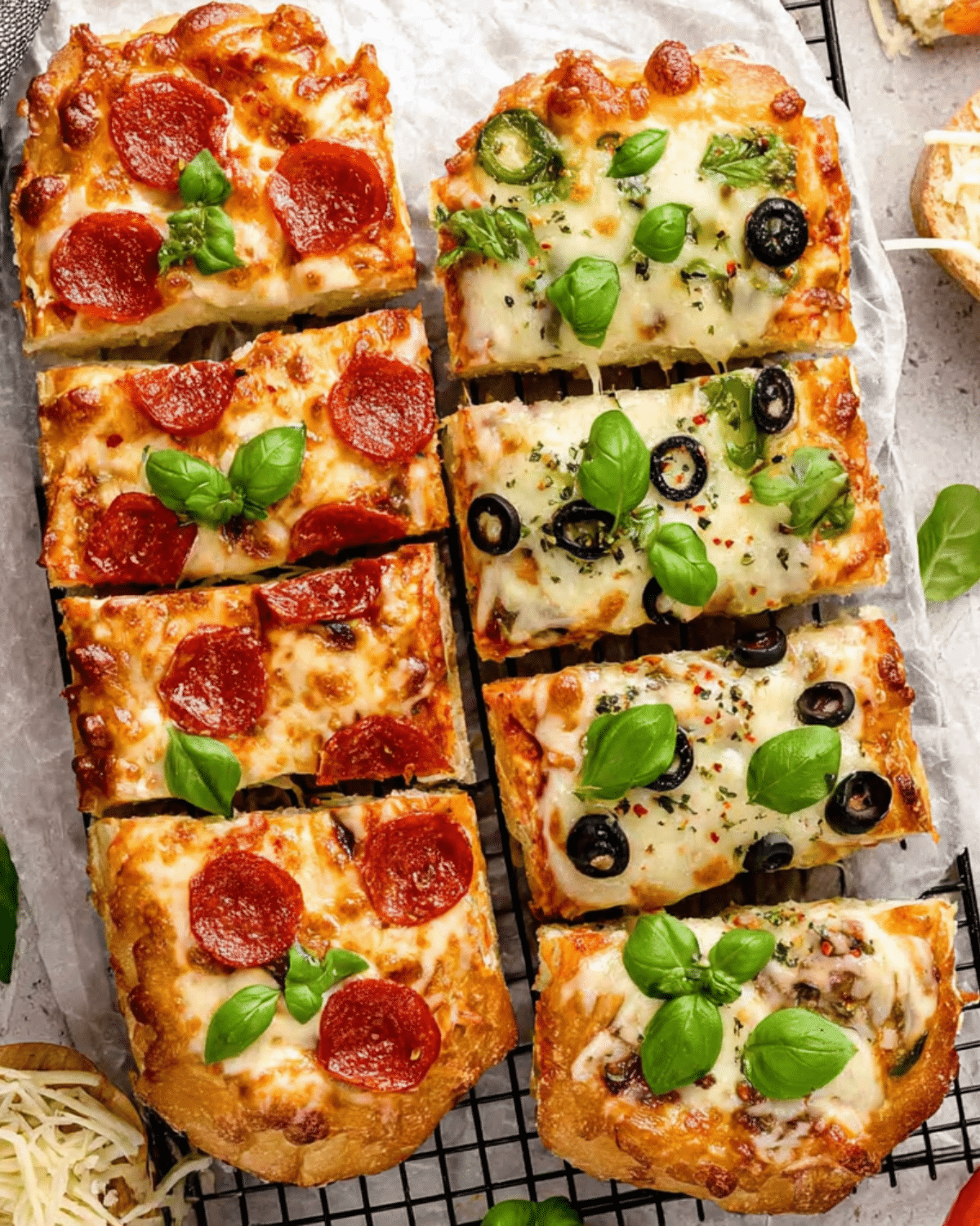 Sliced Pizza Bread topped with pepperoni, olives, cheese, and fresh basil on a cooling rack.