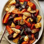 Oval platter of roast root vegetables including carrots, beets, parsnips, and shallots, garnished with herbs.