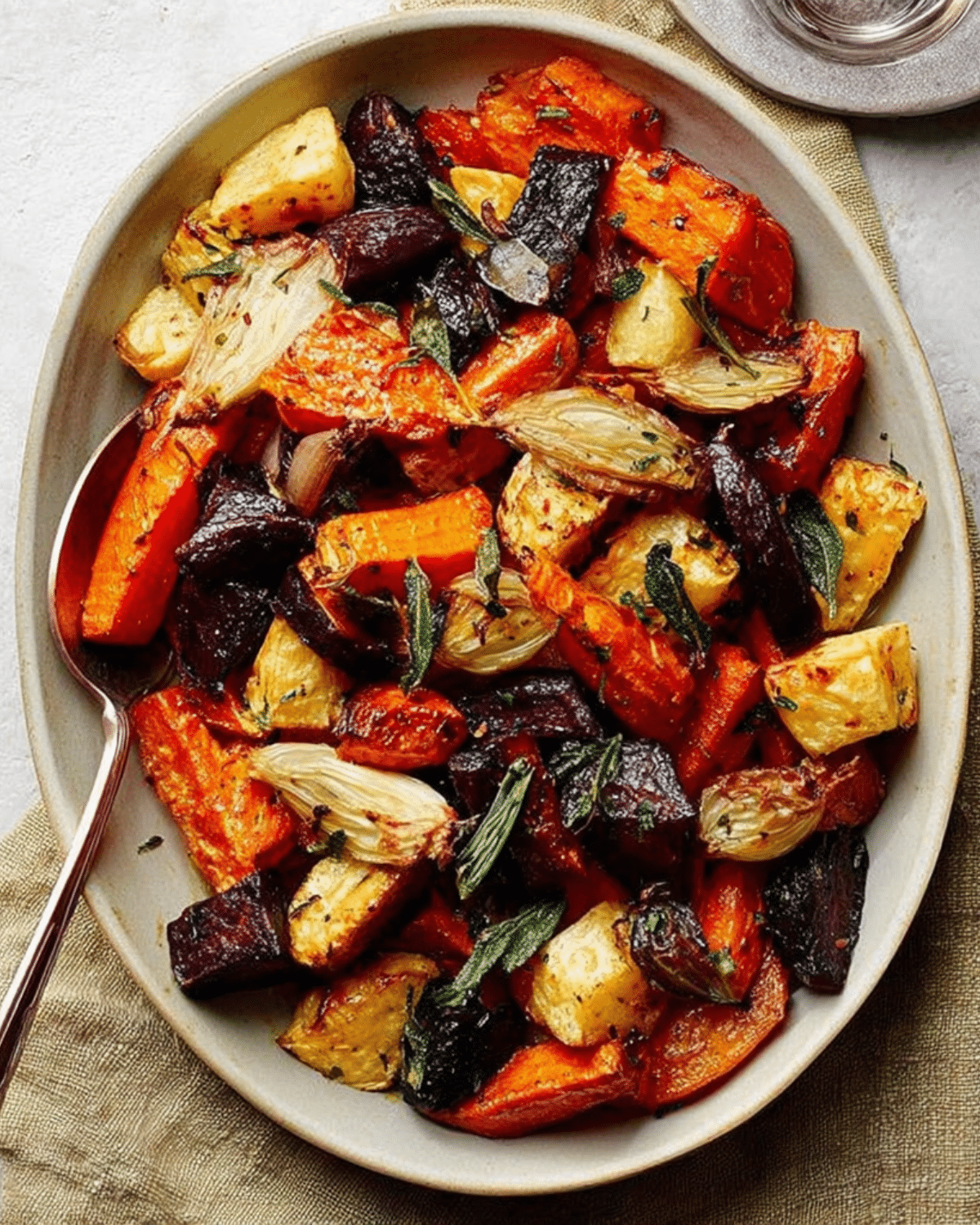 Oval platter of roast root vegetables including carrots, beets, parsnips, and shallots, garnished with herbs.