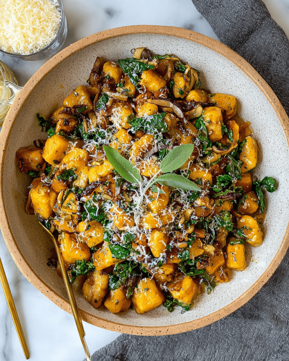 A bowl of Squash Gnocchi with Brown Butter and Sage Sauce, topped with grated cheese, wilted greens, caramelized onions, and crispy sage leaves.