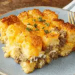 A serving of tater tot breakfast casserole with golden tater tots, melted cheddar cheese, sausage, and garnished with fresh herbs on a plate.