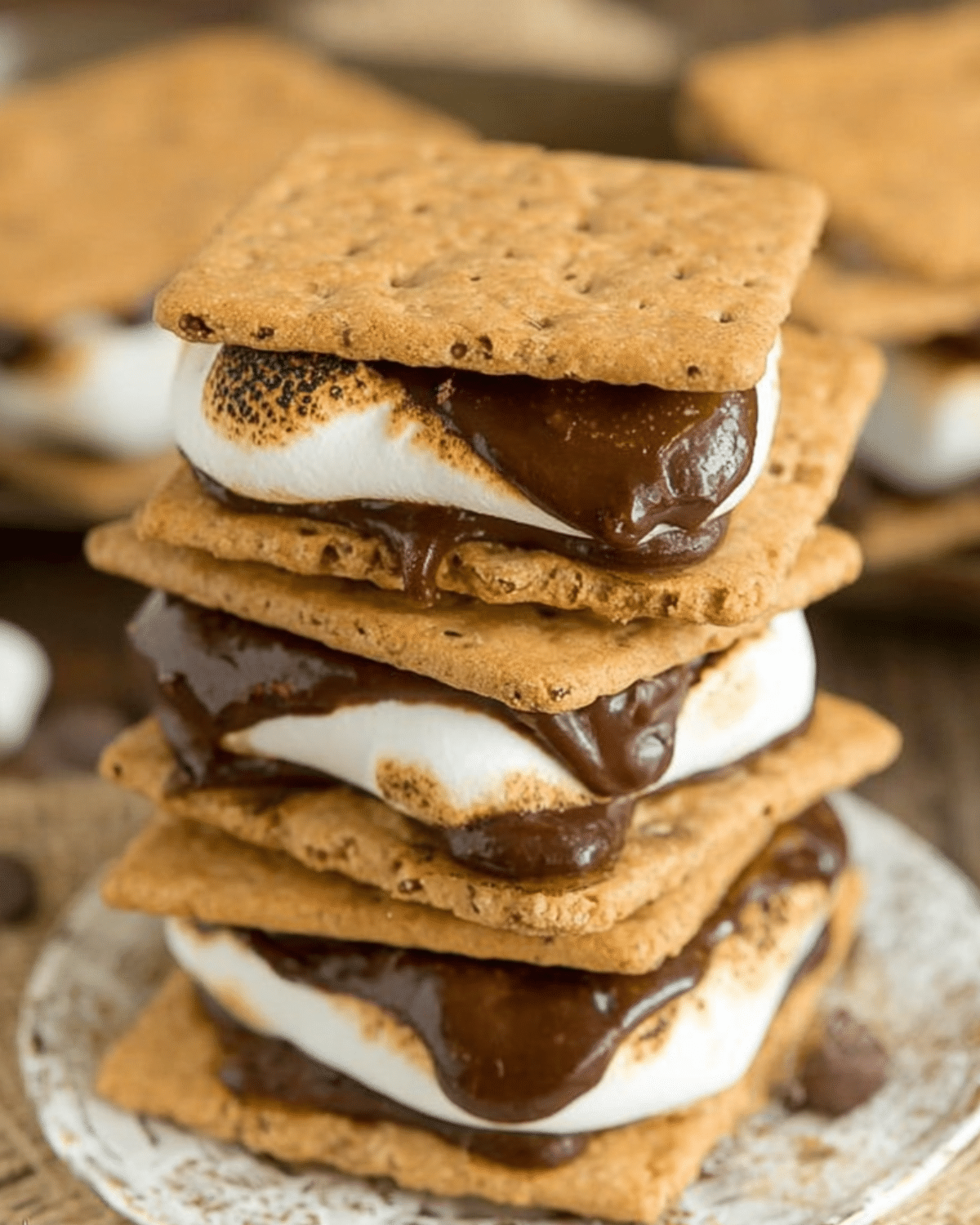 A stack of gooey baked s’mores with toasted marshmallows and melted chocolate between graham crackers.