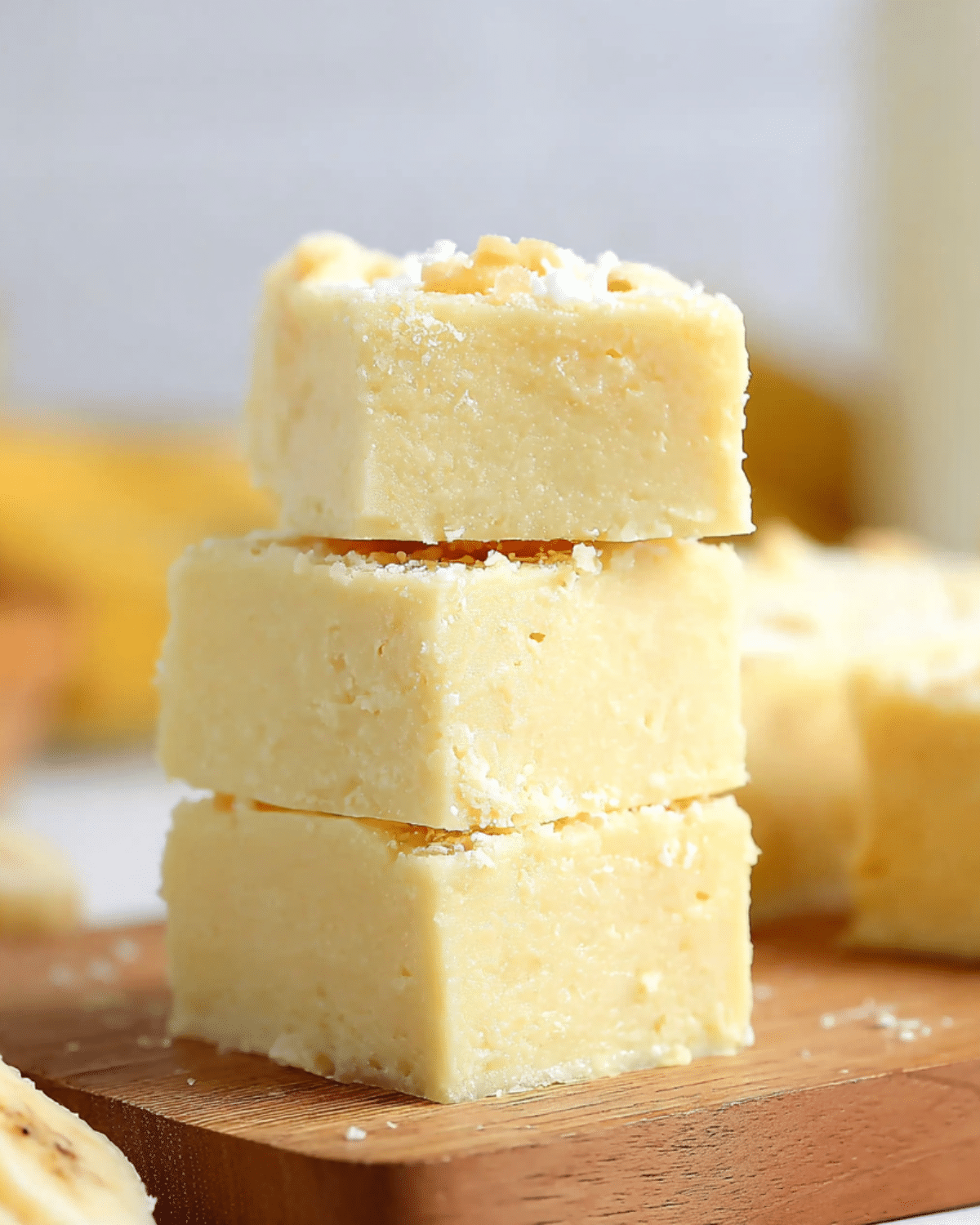 Stacked cubes of creamy banana fudge on a wooden board, with a soft yellow hue and smooth texture.