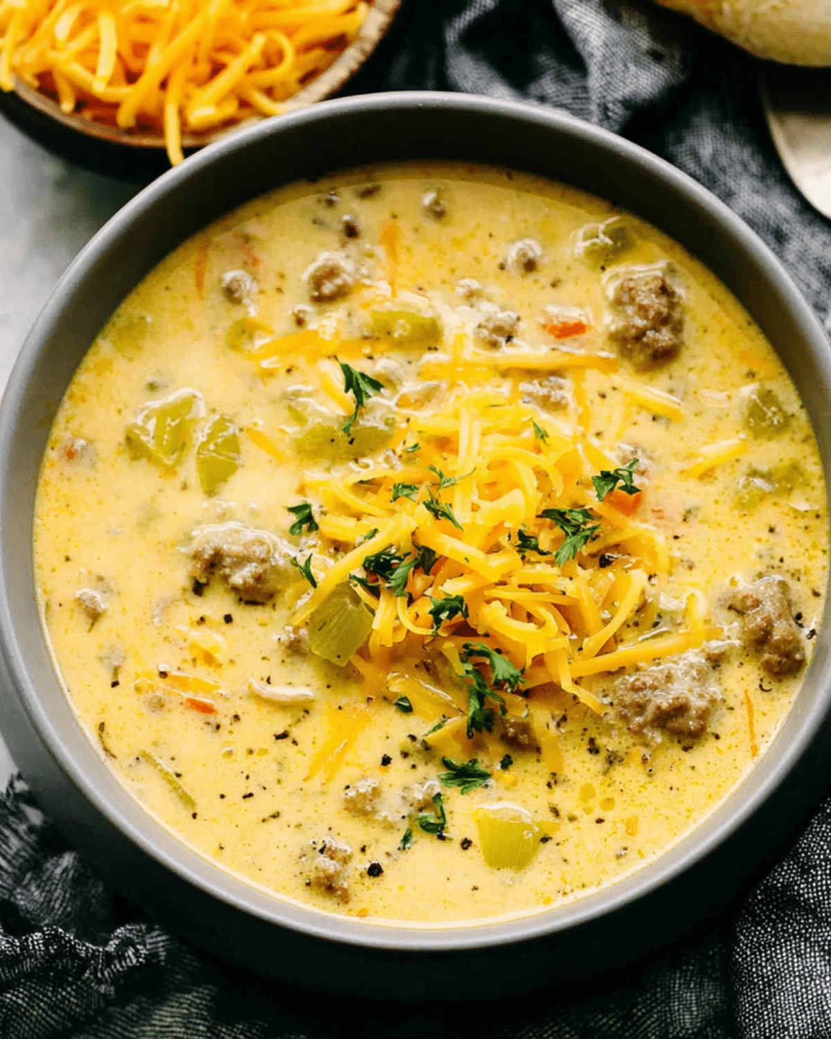 A bowl of creamy cheeseburger soup filled with ground beef, melted cheddar cheese, diced vegetables, and topped with shredded cheese and herbs.