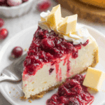 Slice of cranberry white chocolate cheesecake topped with cranberry sauce, whipped cream, and white chocolate pieces on a white plate.
