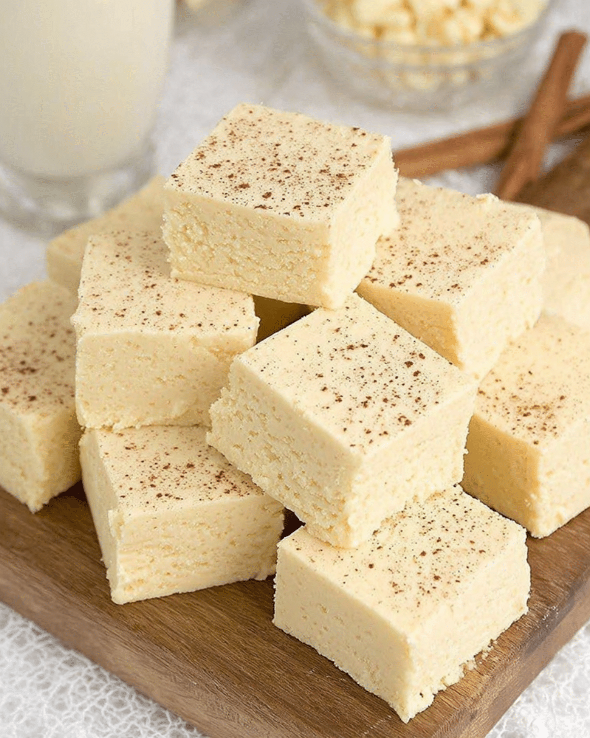 Creamy eggnog fudge squares topped with a sprinkle of nutmeg, stacked on a wooden board with cinnamon sticks and a glass of eggnog nearby.