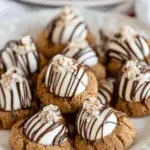 Plate of Gingerbread Kiss Cookies topped with white chocolate kisses, drizzled with dark chocolate, and sprinkled with crushed candied ginger.