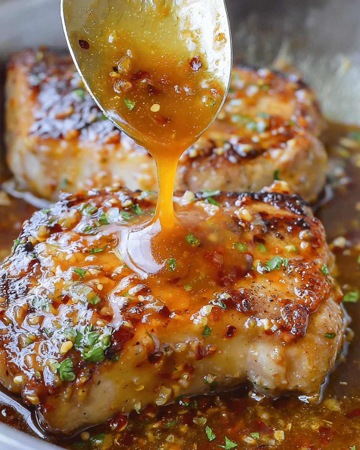 Juicy honey garlic pork chops in a skillet, with golden sauce being drizzled from a spoon over the meat.