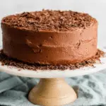 Rich and moist Hershey's Chocolate Cake covered in smooth chocolate frosting and topped with chocolate shavings, displayed on a cake stand.