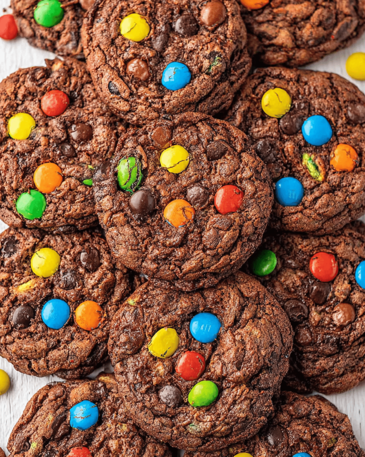 A pile of M&M brownie mix cookies with rich, fudgy texture, loaded with colorful M&M candies and chocolate chips.