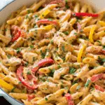 Skillet filled with One Pot Creamy Cajun Chicken Pasta, featuring penne pasta, juicy chicken, red and yellow bell peppers, and a creamy Cajun sauce.