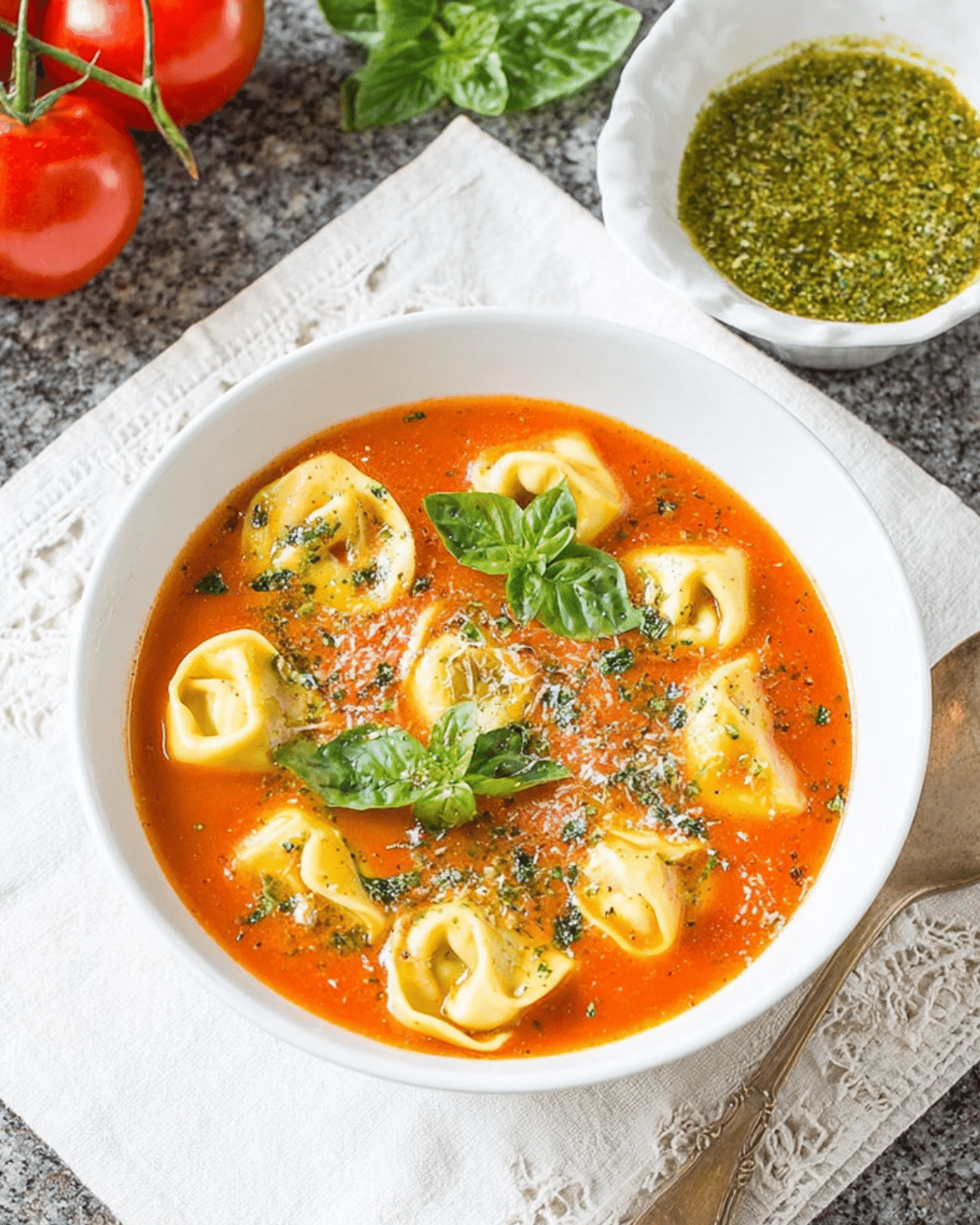 A bowl of pesto tomato tortellini soup with cheese tortellini in a rich tomato broth, garnished with basil and herbs.