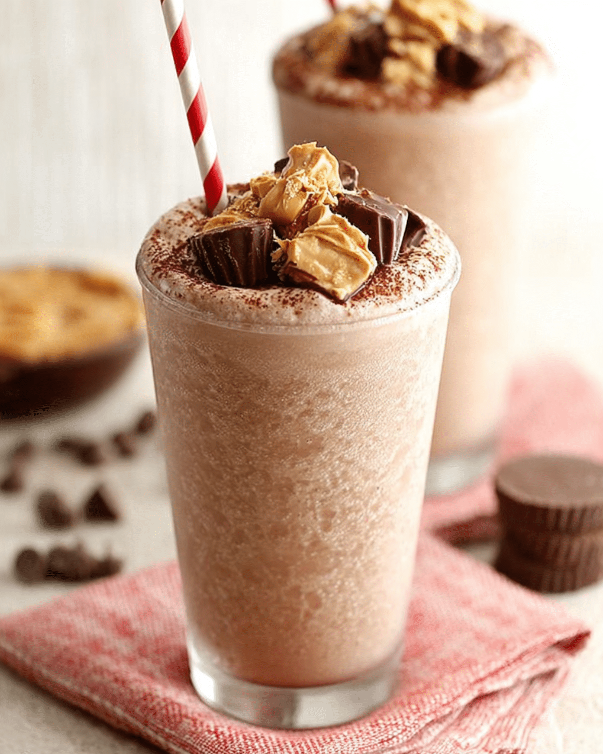 A tall glass of peanut butter frozen hot chocolate topped with chopped peanut butter cups and a striped straw.