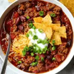 Bowl of Slow Cooker Chili topped with shredded cheese, sour cream, green onions, and tortilla chips, served with a spoon.