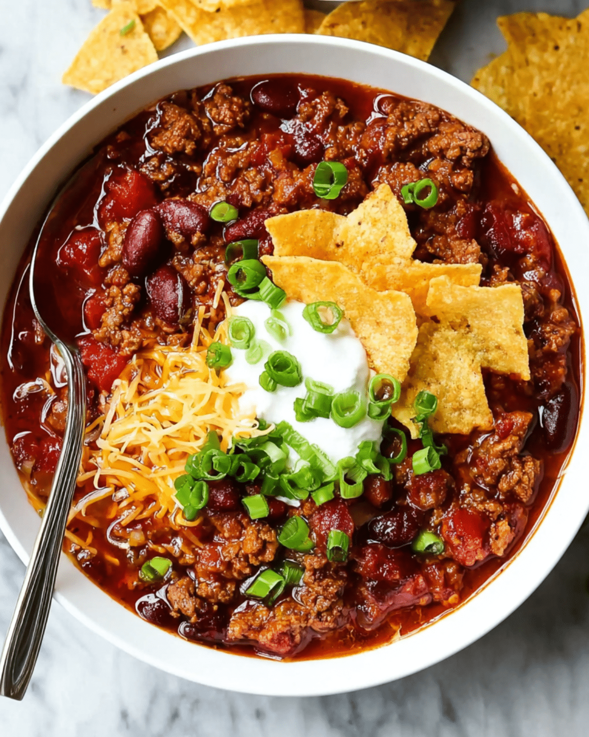 Bowl of Slow Cooker Chili topped with shredded cheese, sour cream, green onions, and tortilla chips, served with a spoon.