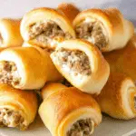 Golden sausage cream cheese crescent rolls stacked on a plate, with flaky pastry and a savory filling visible.