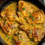 Skillet filled with golden-brown Southern Smothered Chicken in a rich, creamy gravy, garnished with fresh chopped parsley.