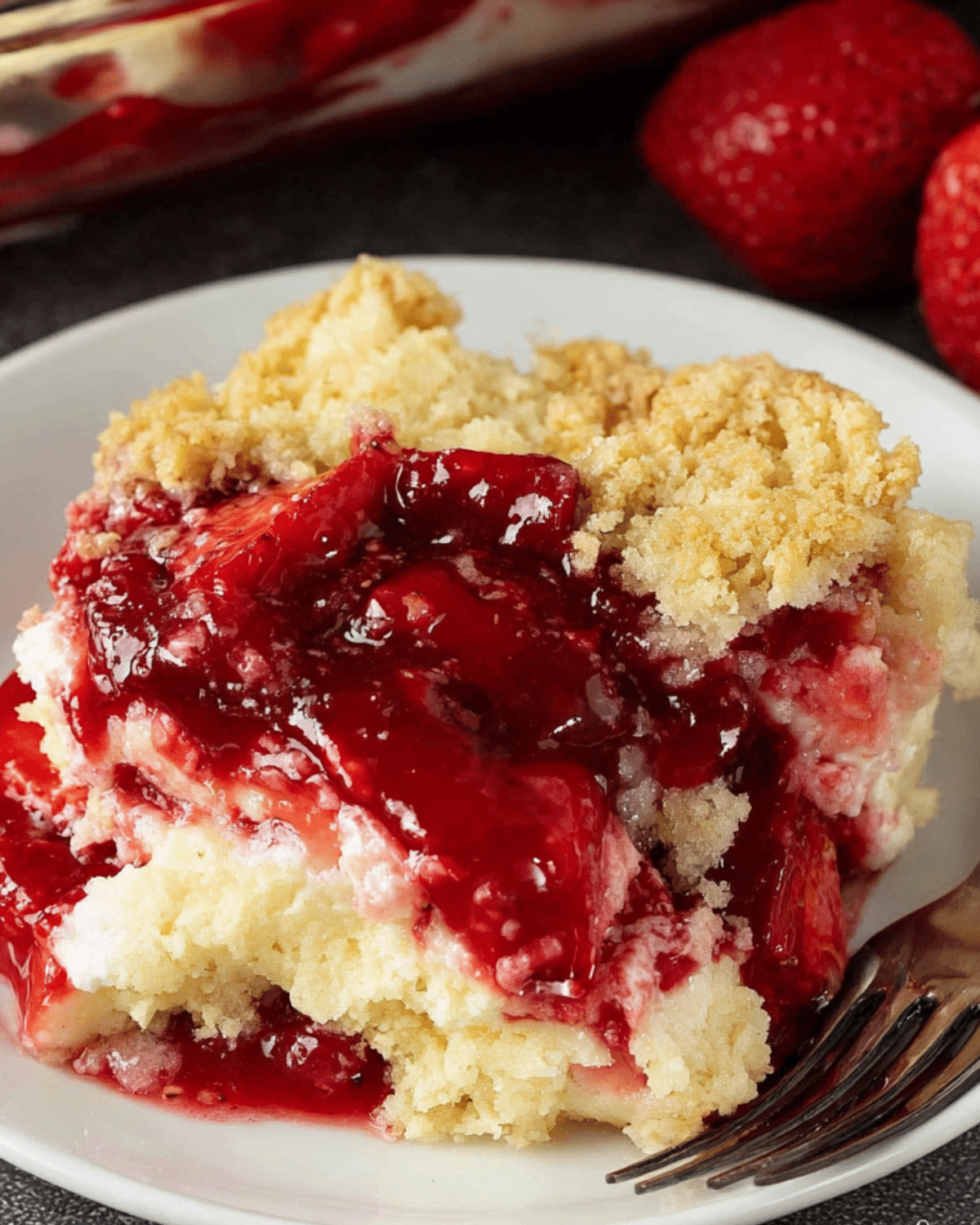 A serving of strawberry cheesecake dump cake on a white plate, showing layers of cake, creamy cheesecake, and strawberry topping.