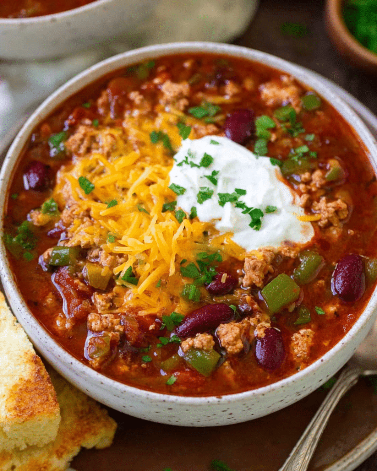 Bowl of hearty Turkey Chili topped with shredded cheddar cheese, sour cream, and chopped parsley, served with cornbread.