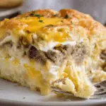 A hearty slice of biscuits and gravy hashbrown breakfast casserole with layers of biscuits, sausage gravy, eggs, melted cheese, and hashbrowns on a white plate.
