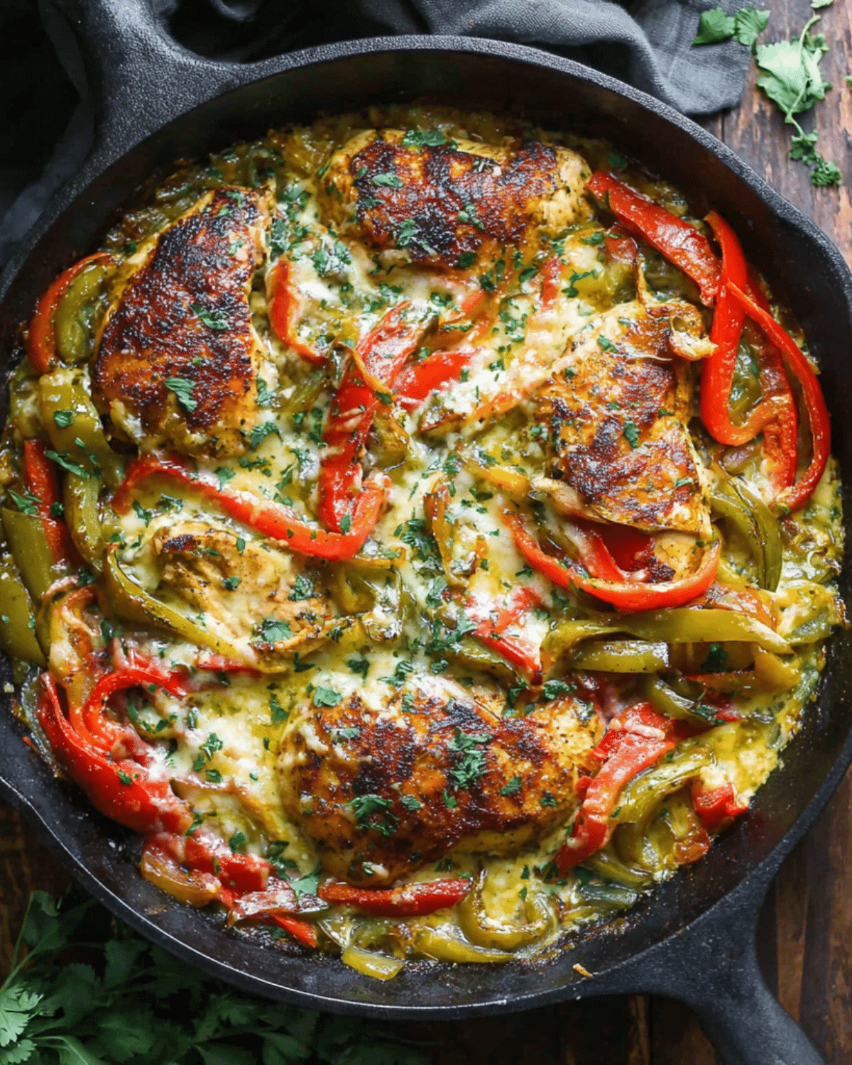 Cheesy baked fajita chicken in a cast iron skillet with melted cheese, seasoned chicken breasts, red and green bell peppers, and fresh herbs.