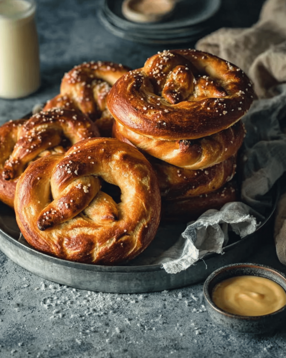 Golden brown homemade soft pretzels sprinkled with coarse salt, stacked on a metal tray with mustard dipping sauce on the side.
